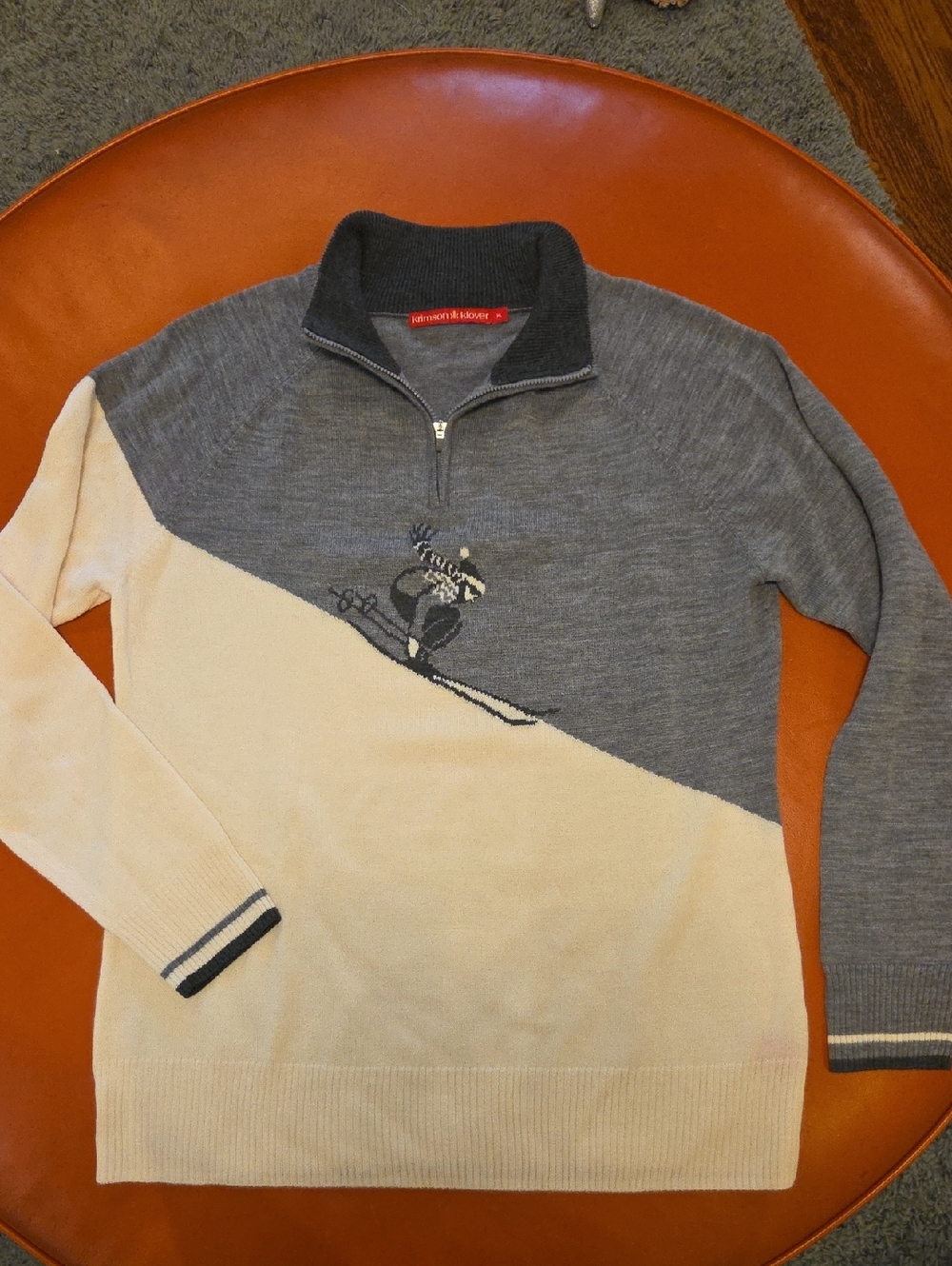 Krimson Klover Gray & Cream Quarter 1/4 Zip Sweater with Ski Motif